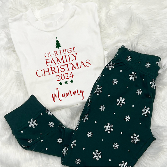 Personalised Our First Family Christmas Bottle Green Snowflakes Design Matching Christmas PJs