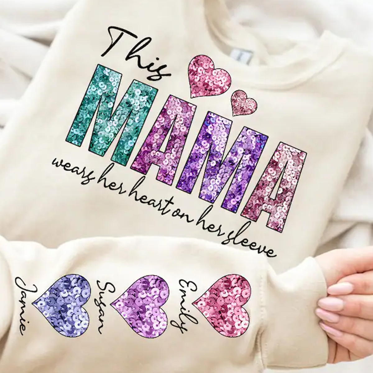 Personalised This Mama/Mummy Wears Heart On Her Sleeve Sweatshirt - childrens name(s) on sleeve - more colours available