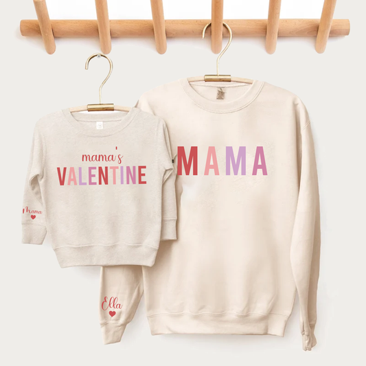 Personalised Mama's Valentine - name on sleeve design matching Sweatshirt