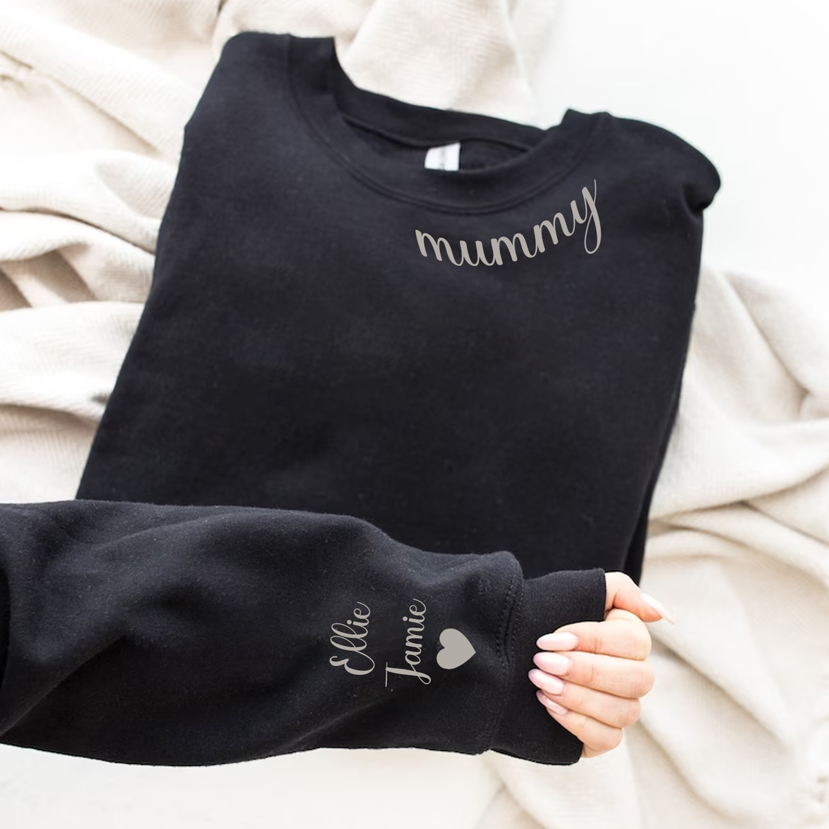 Personalised Mummy Neck Sweatshirt - childrens name(s) on sleeve - more colours available