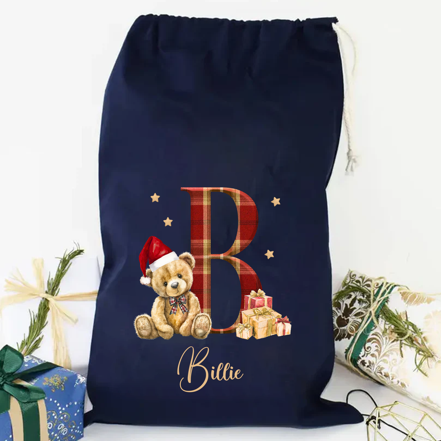 Personalised Tartan Letter Christmas Bear Santa Sack