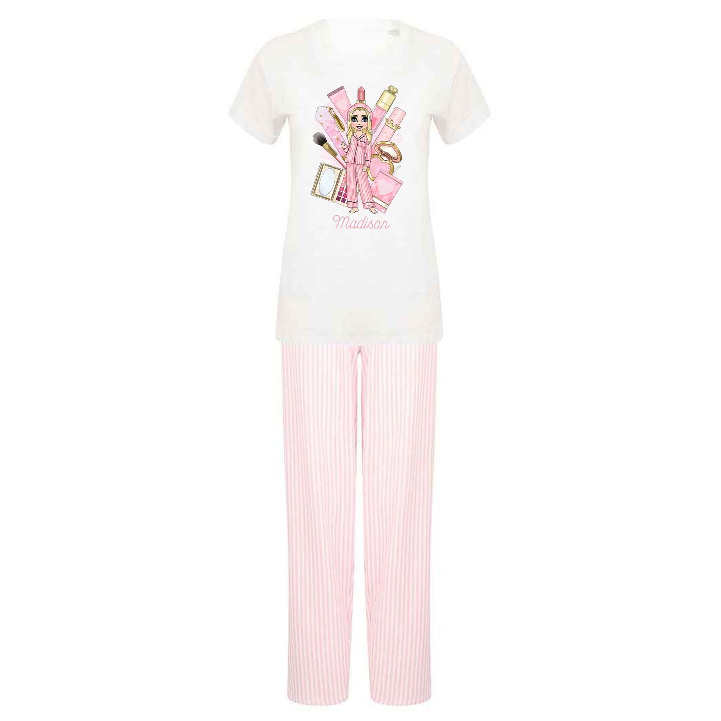 Personalised Pink Striped Make Up PJs Pyjamas - Kids & Adult sizes