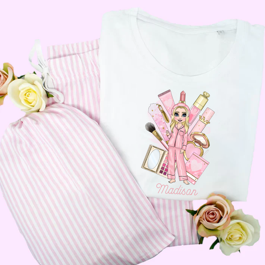 Personalised Pink Striped Make Up PJs Pyjamas - Kids & Adult sizes