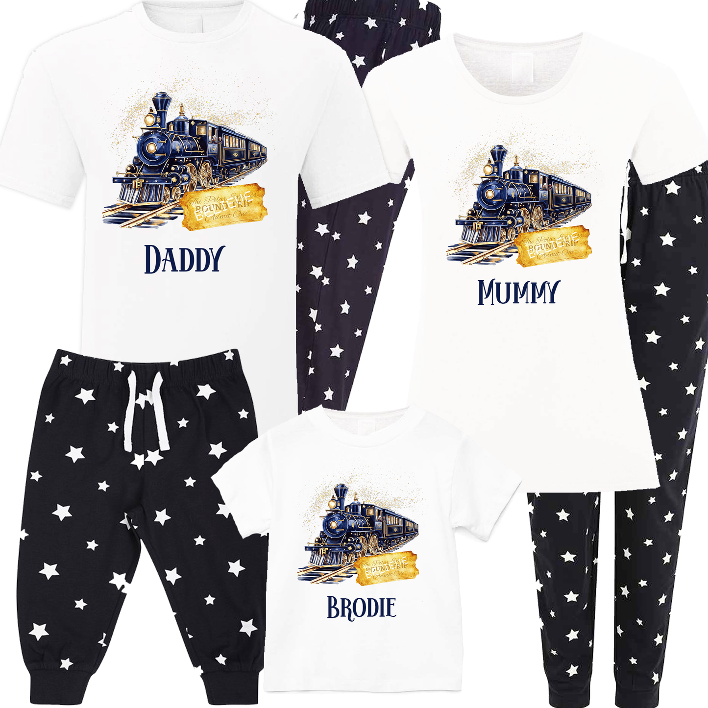 The Polar Express Navy/Gold Train Believe Ticket - Personalised Navy Stars Family Matching PJs Pyjamas