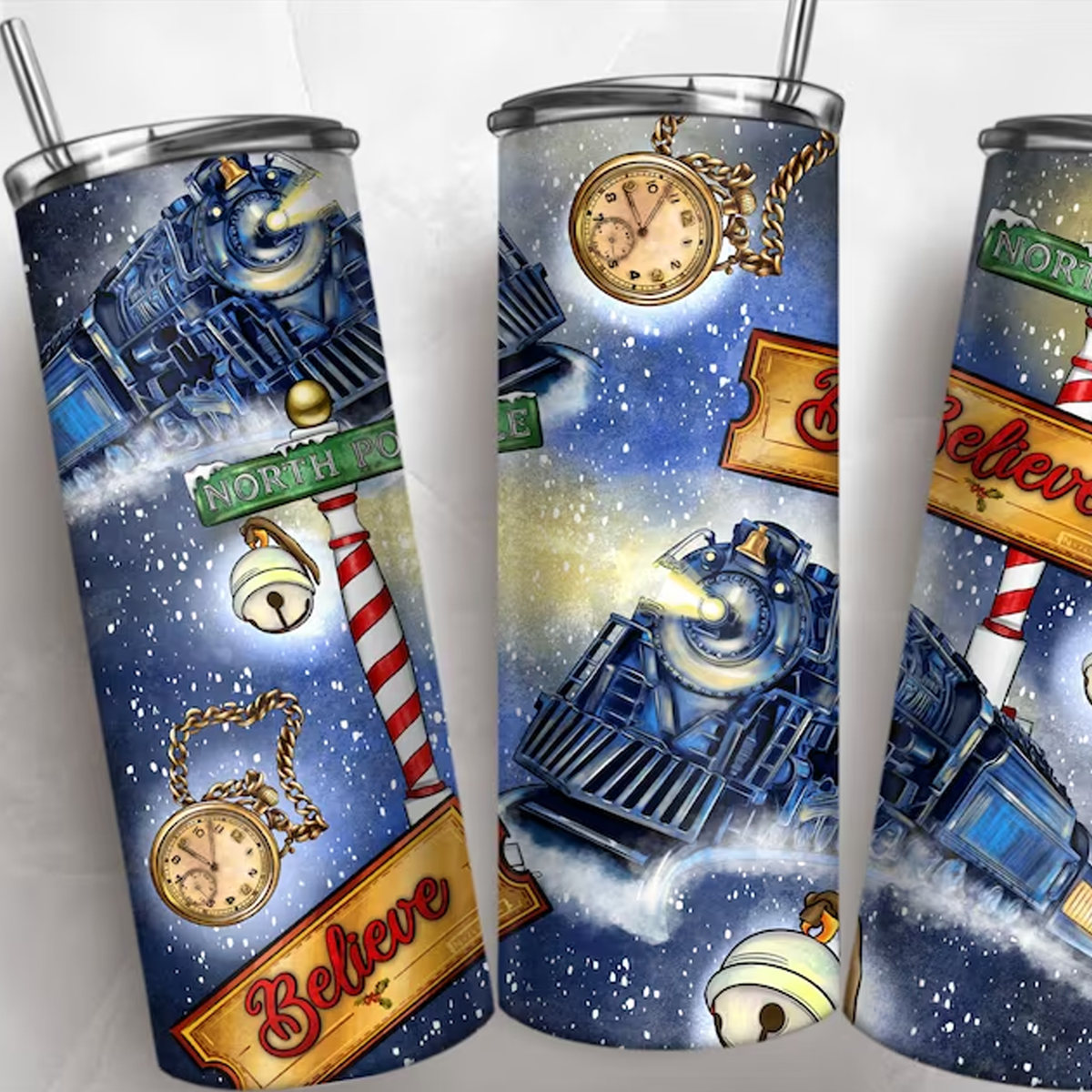 Personalised The Polar Express Double Walled Insulated Thermal Tumbler Cup w/ Metal Straw