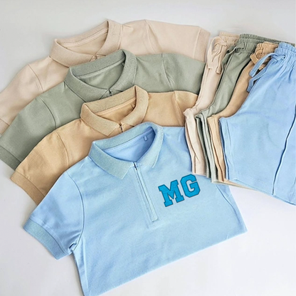 Personalised Initial Faux Chenille Patches Shorts & Polo Shirt Set