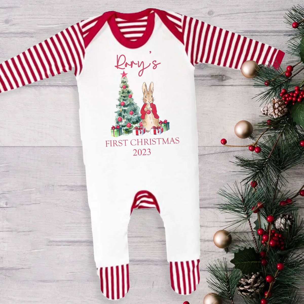 My 1st Christmas - Personalised Baby Sleepsuit - Red Rabbit Design