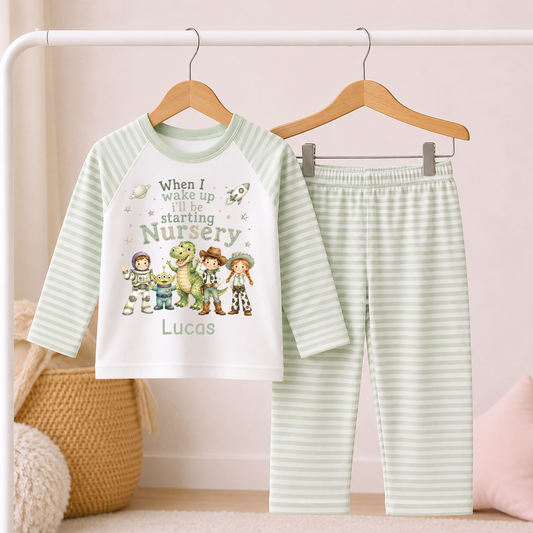 Personalised When I Wake Up I'll Be Starting Nursery Toys Theme PJs Sage Pyjamas