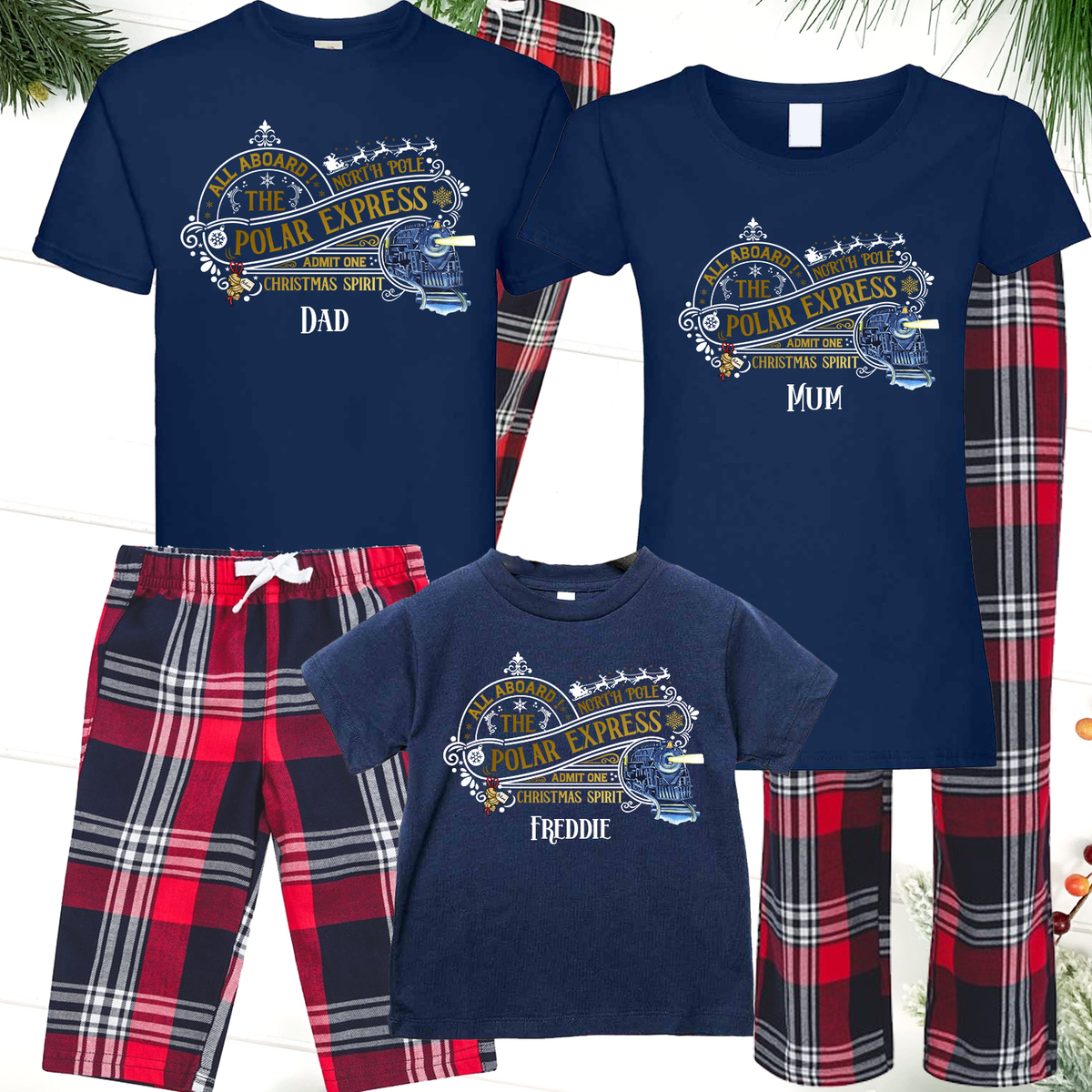 All Aboard The Polar Express Train- Personalised Red Tartan Family Matching PJs