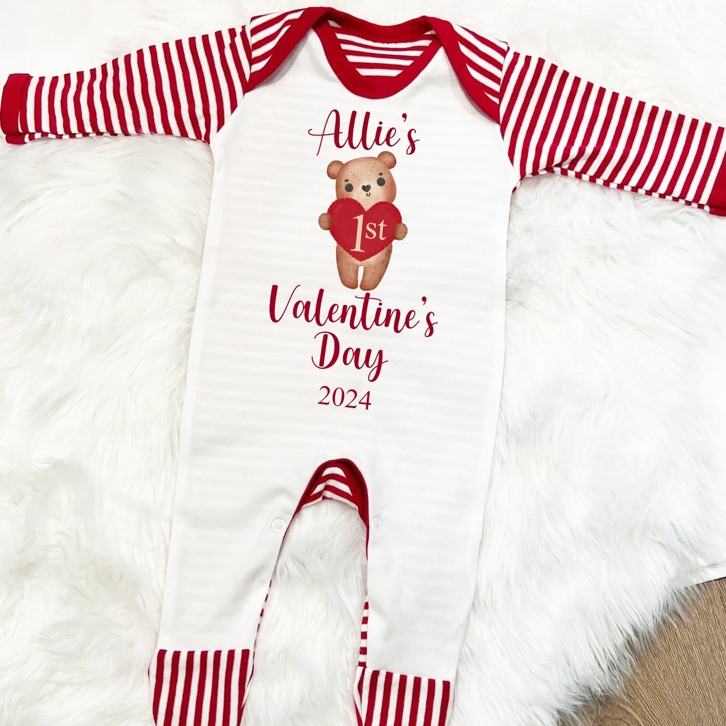 My 1st Valentine's Day - Personalised Baby Sleepsuit - Bear Heart Design