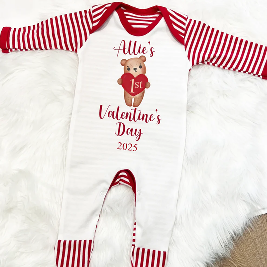 My 1st Valentine's Day - Personalised Baby Sleepsuit - Bear Heart Design