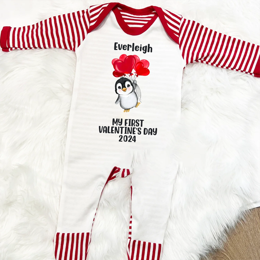Personalised My First Valentine's Day - Baby Sleepsuit - Penguin Balloons Design