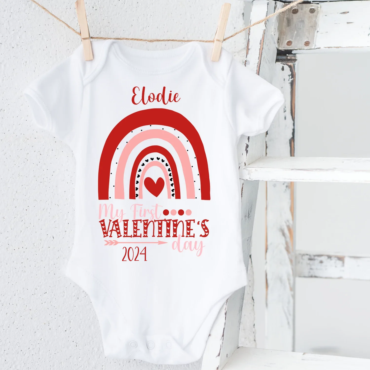 My First Valentine&#39;s Day Rainbow Design - Personalised Baby Vest