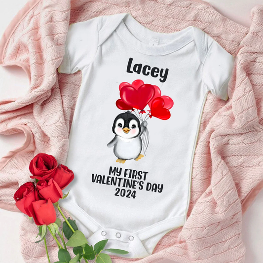 My First Valentine's Day - Personalised Baby Vest - Penguin Hearts Design