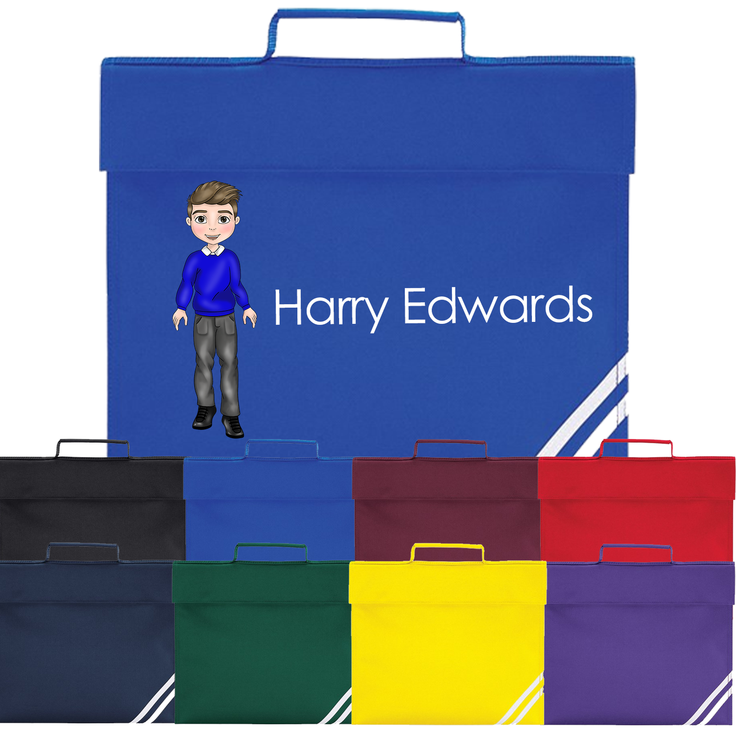 Personalised School Boy Character - Book/Homework Bag. Choice of colours & options