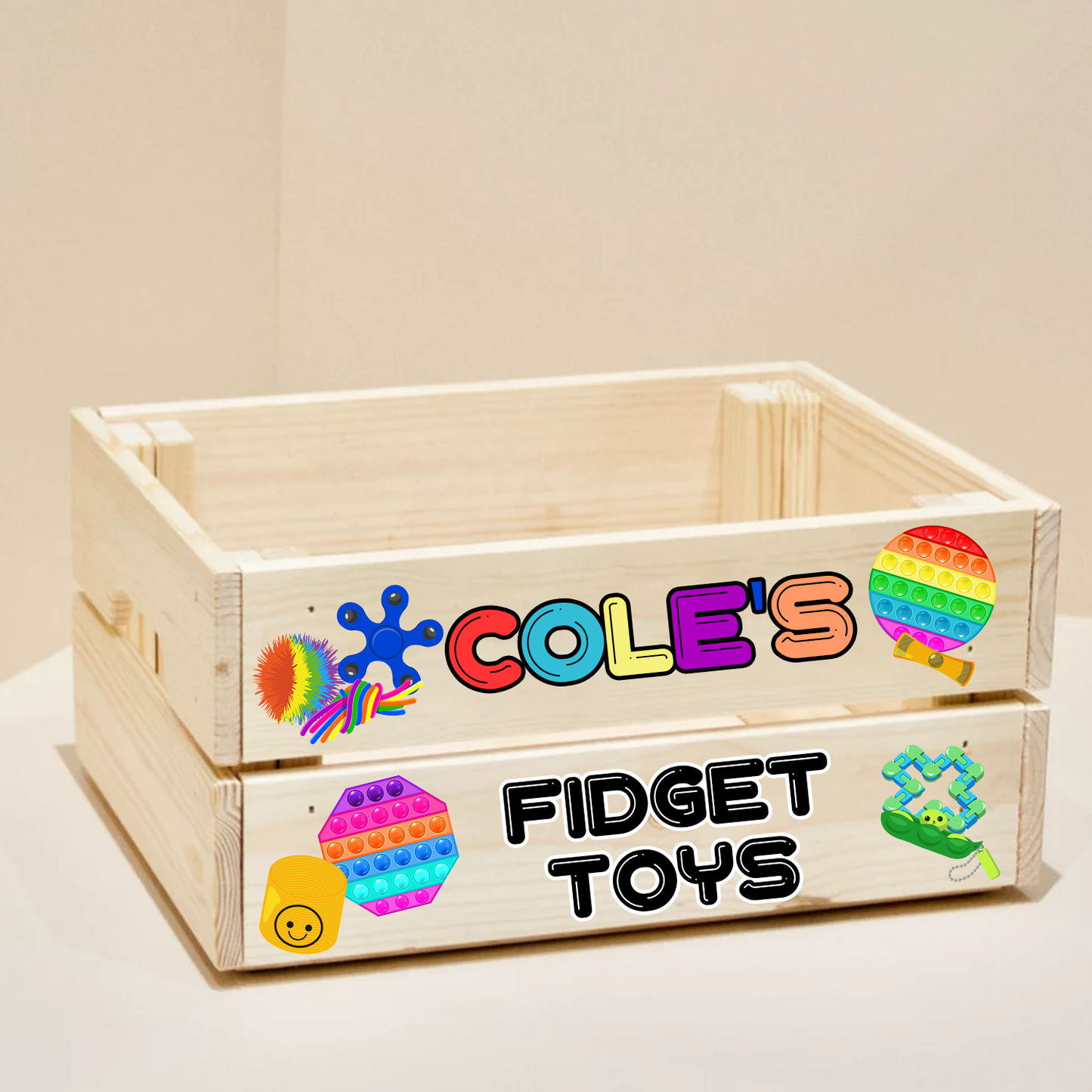 Personalised Fidgets / Sensory Toy  Wooden Crate - perfect storage solution for all their pop its & fidget gadgets!