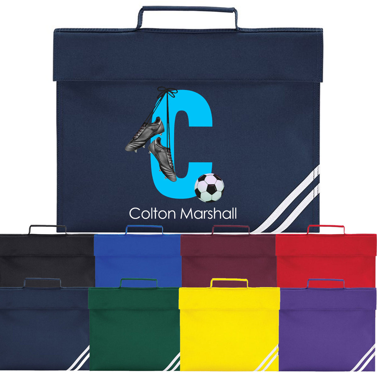Personalised Football Initial &amp; Name Book/Homework Bag. Choice of colours &amp; options