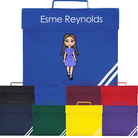 Personalised School Girl Character with Braids - Book/Homework Bag. Choice of colours & options
