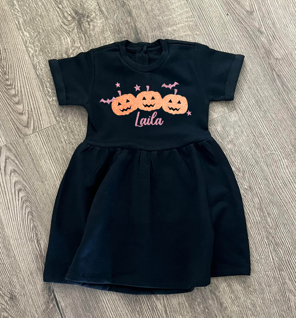 Personalised Halloween Pumpkin Black Dress with Glitter Print