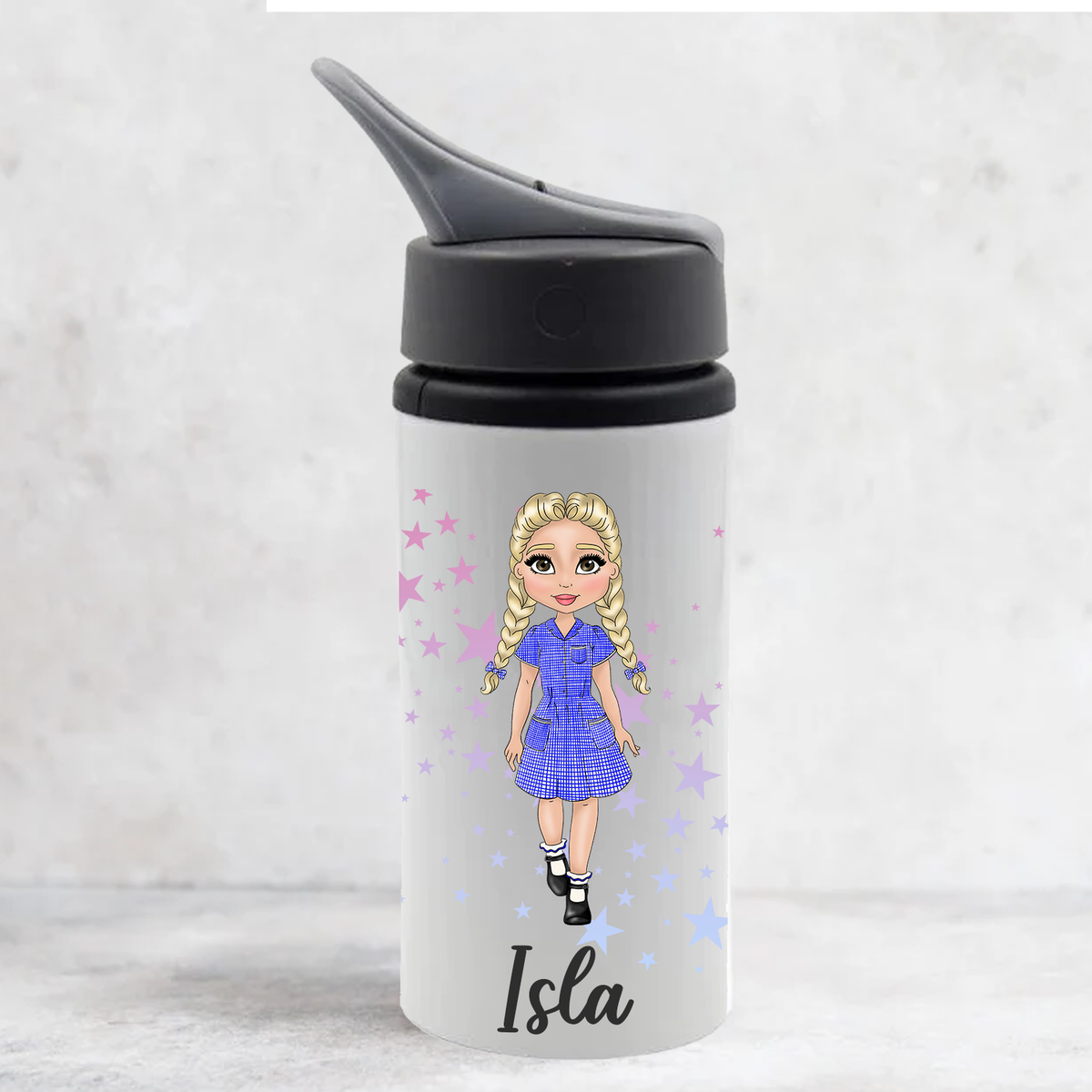 Personalised School Girl Character with Braids - Water Bottle - 650ml