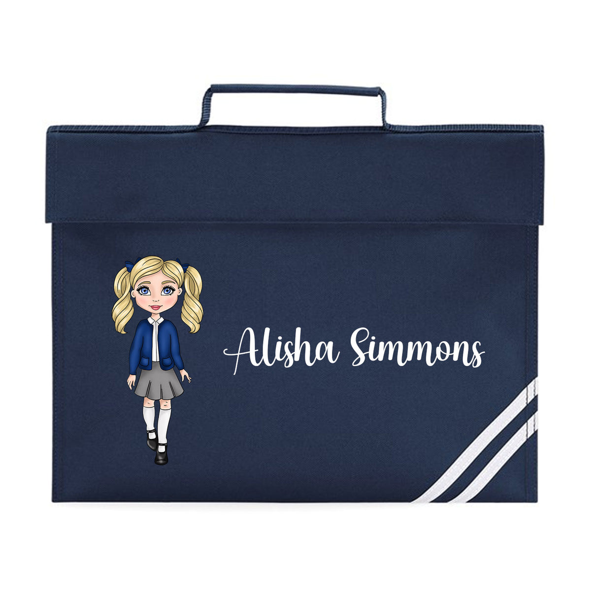 Personalised School Girl Character - Book/Homework Bag. Choice of colours &amp; options