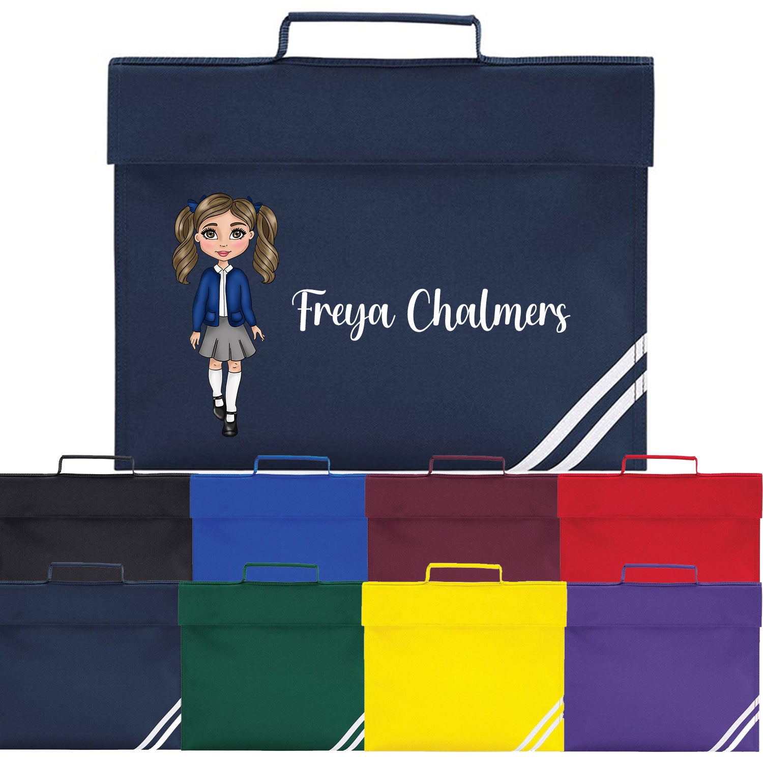 Personalised School Girl Character - Book/Homework Bag. Choice of colours & options
