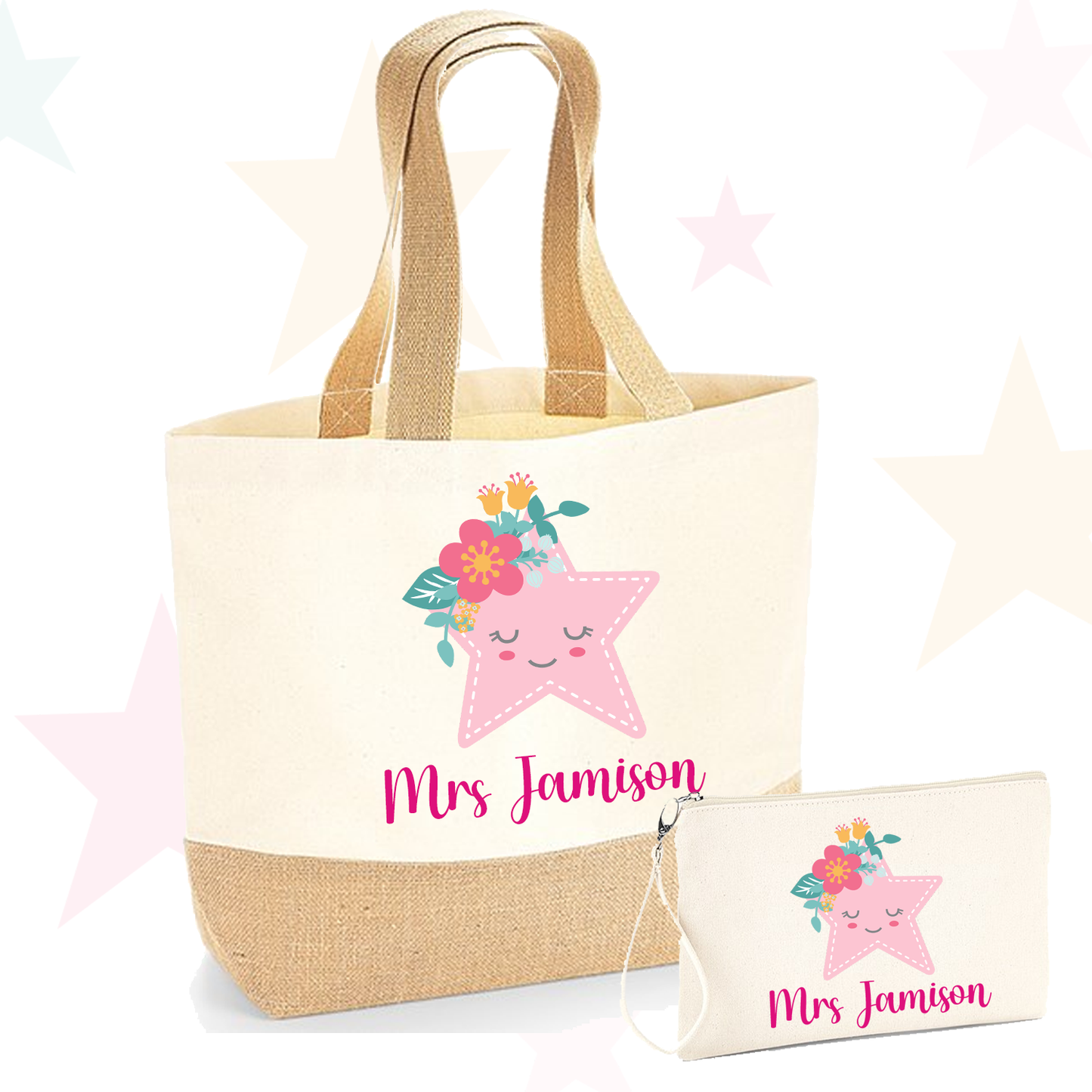 Personalised Pink Star Canvas Tote Bag / Wristlet Pouch- Set Option