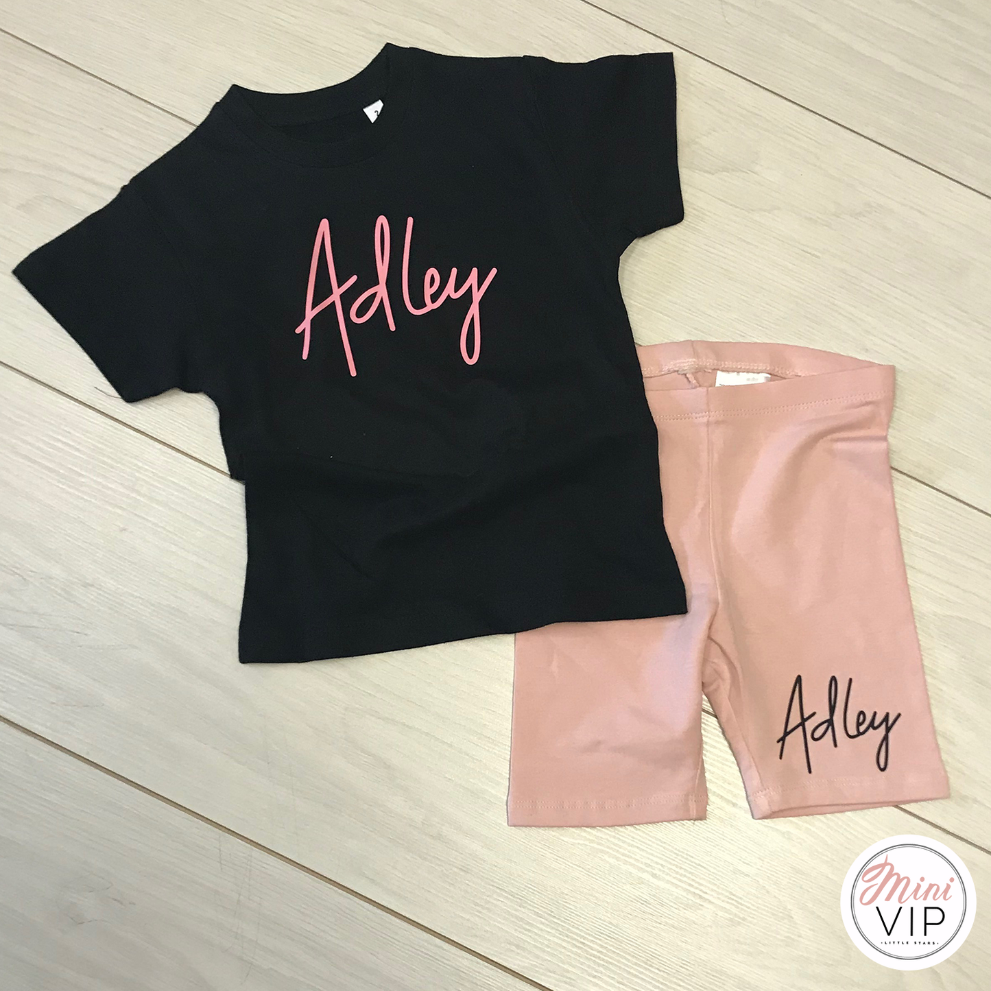 Personalised script - Pink Cycling Shorts & Black T-Shirt Girls Set