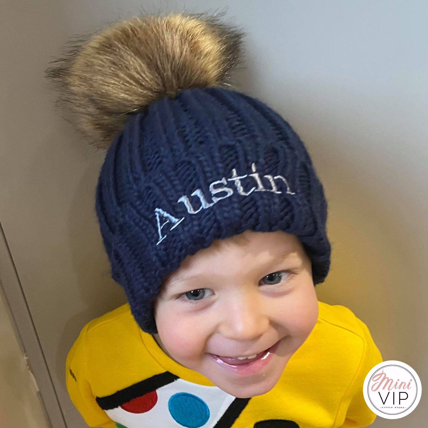 Navy Embroidered Knit Pom Pom Beanie Hat Infants, Junior Adult