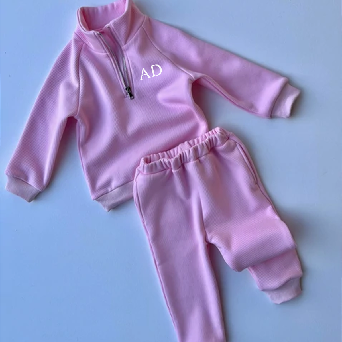 Embroidered Fleece Lined Baby Pink Ribbed Tracksuit