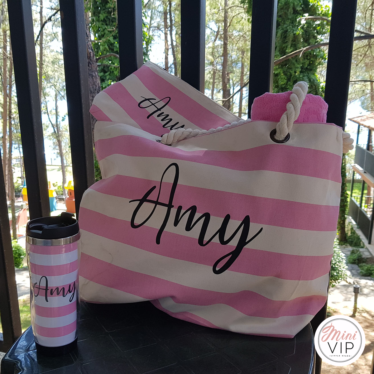 Personalised Beach Bag, Make Up/Sun Cream Pouch &amp; Thermal Cup Set