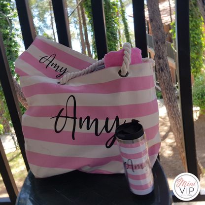 Personalised Beach Bag, Make Up/Sun Cream Pouch & Thermal Cup Set