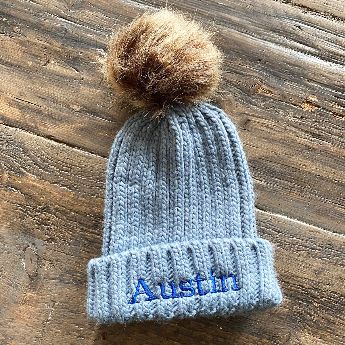 Dusty Blue Embroidered Chunky Knit Beanie Hat - Infants & Junior sizes