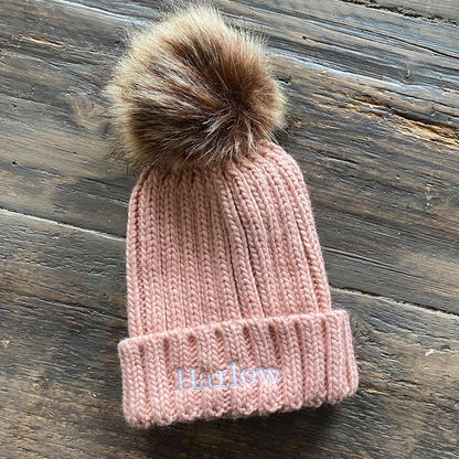 Dusty Pink Embroidered Chunky Knit Beanie Hat - Infants & Junior sizes