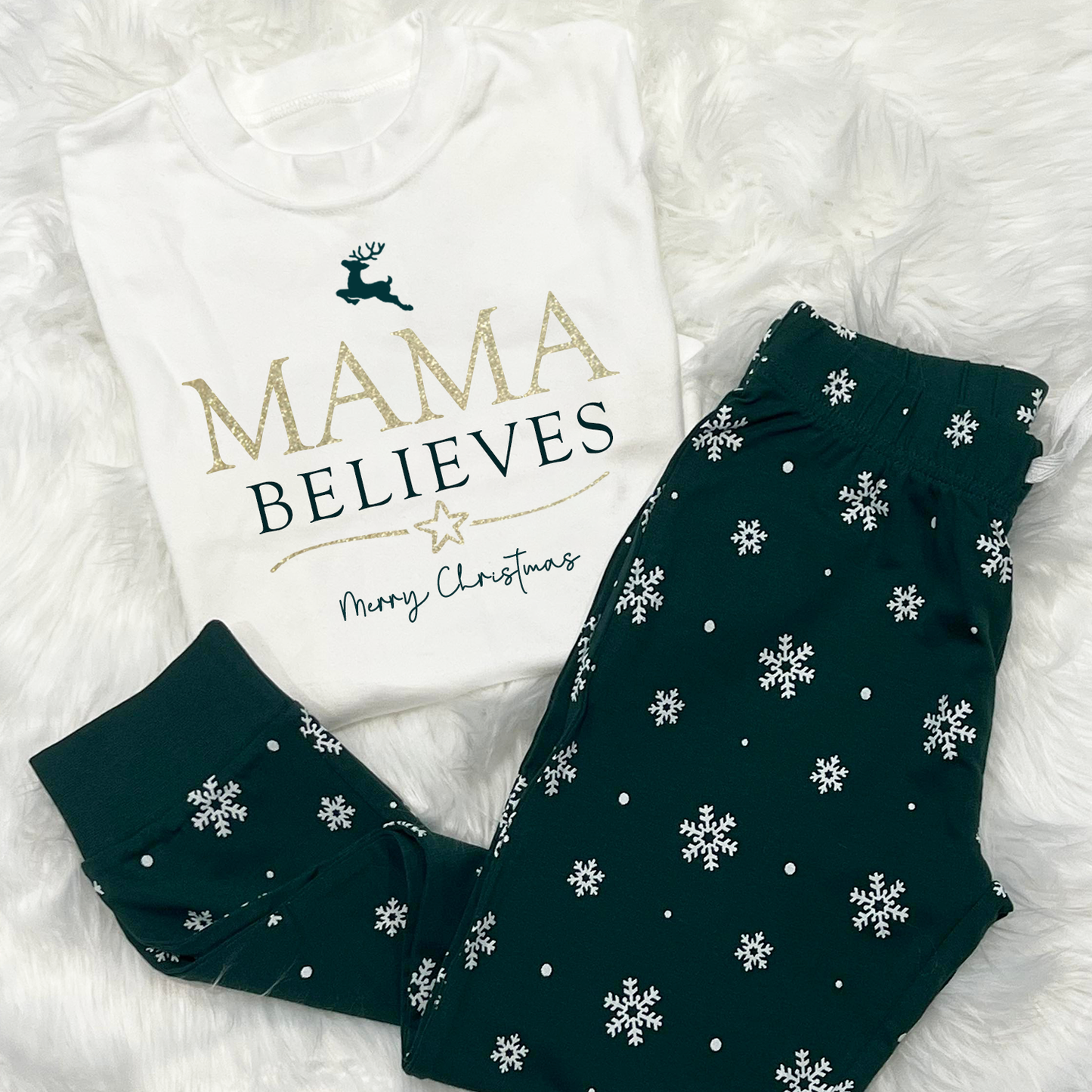 Personalised Believes Bottle Green Snowflakes Design Family Matching Christmas PJs