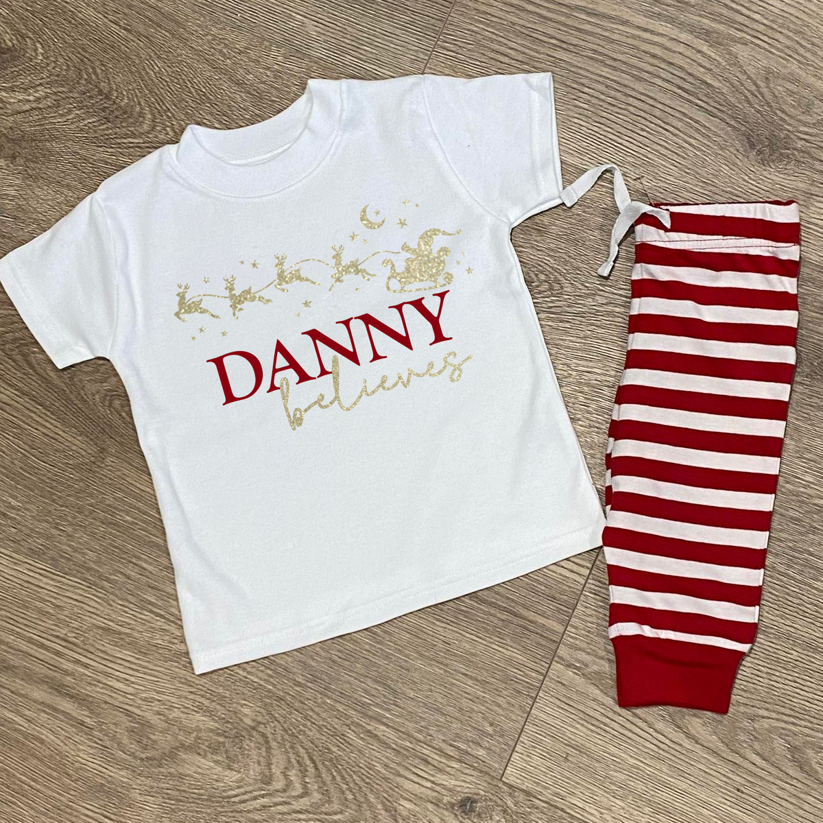 Personalised Believes Red Striped Family Matching PJs
