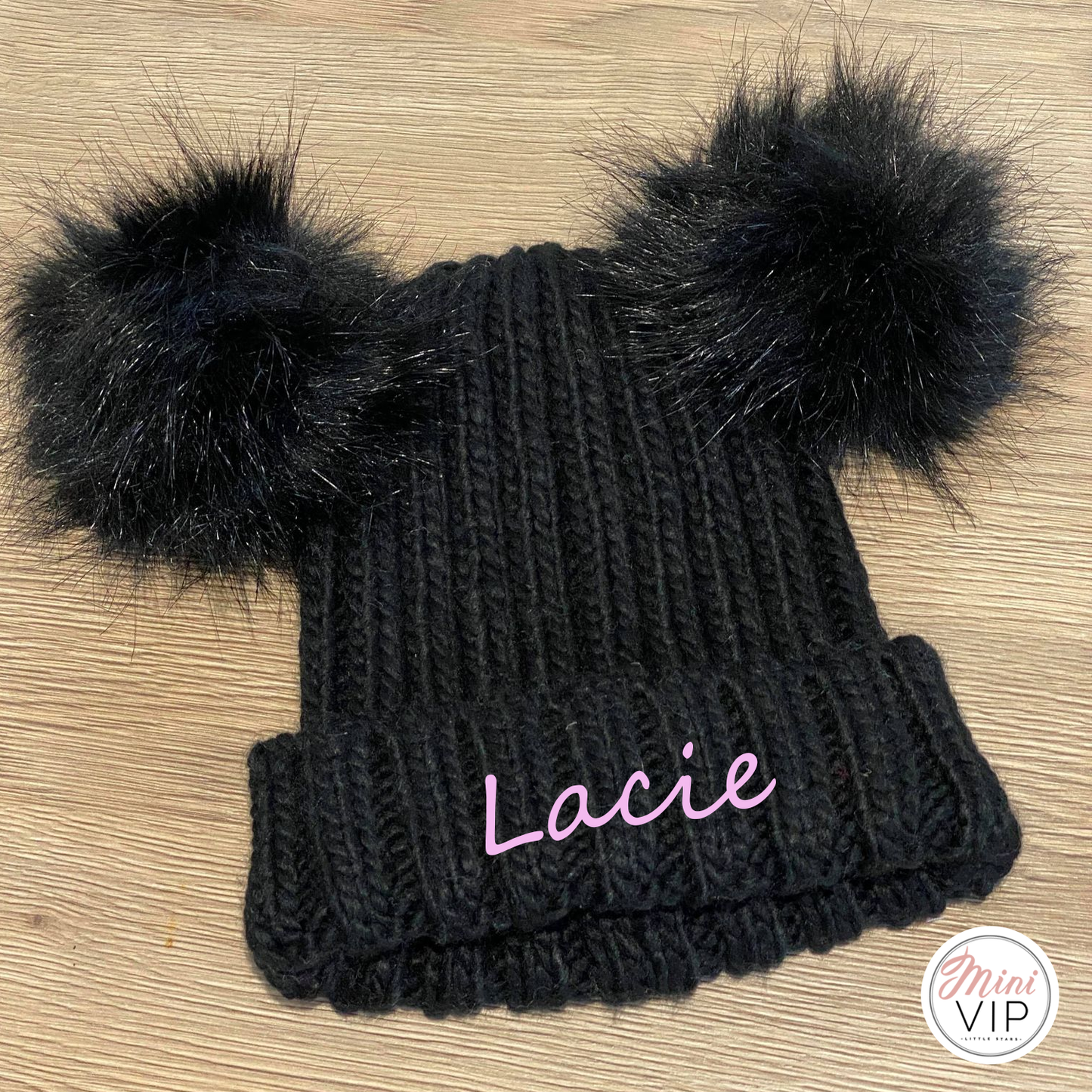 Personalised Double Black Pom Pom Embroidered Beanie Hat - Infants, Junior & Adult sizes