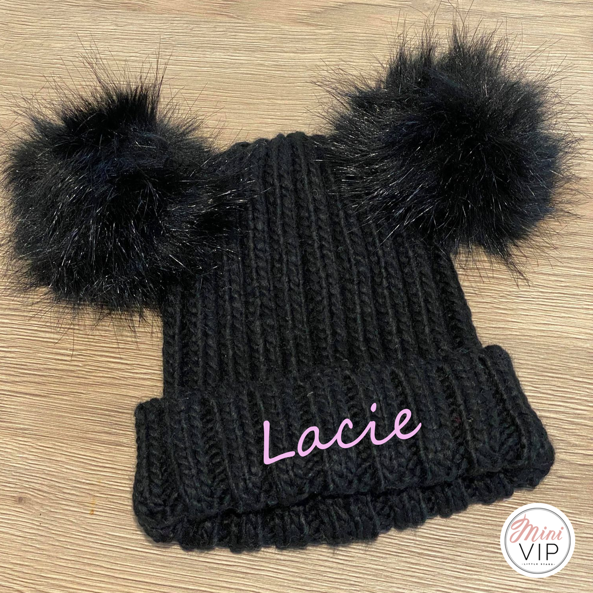 Personalised Double Black Pom Pom Embroidered Beanie Hat - Infants, Junior &amp; Adult sizes