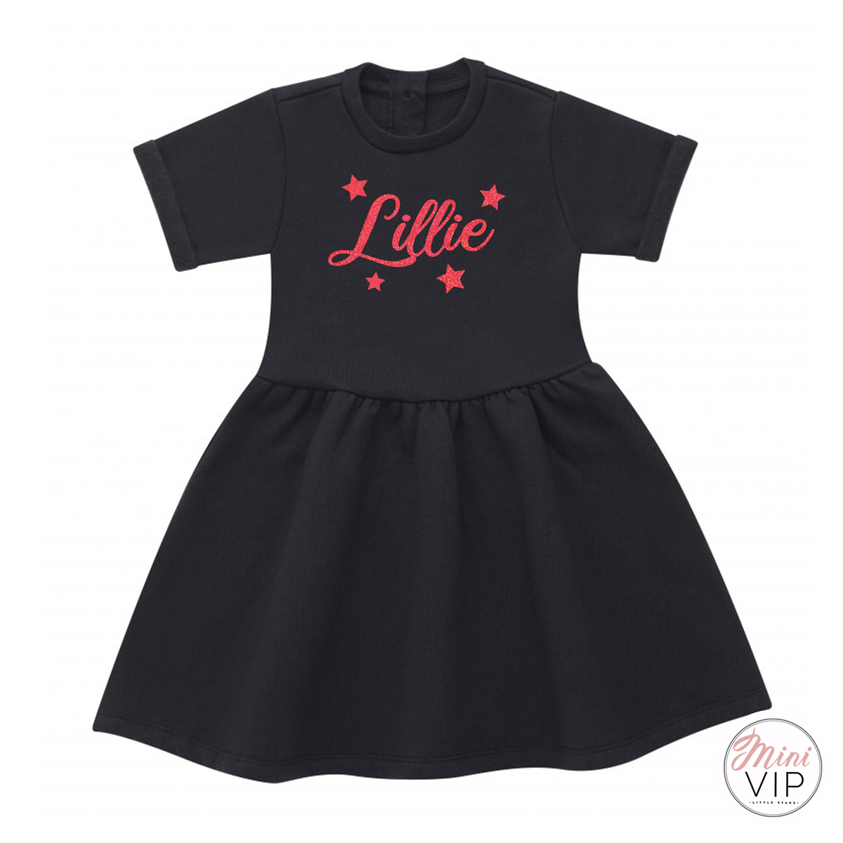 Personalised Black Dress with Red Festive Glitter Print