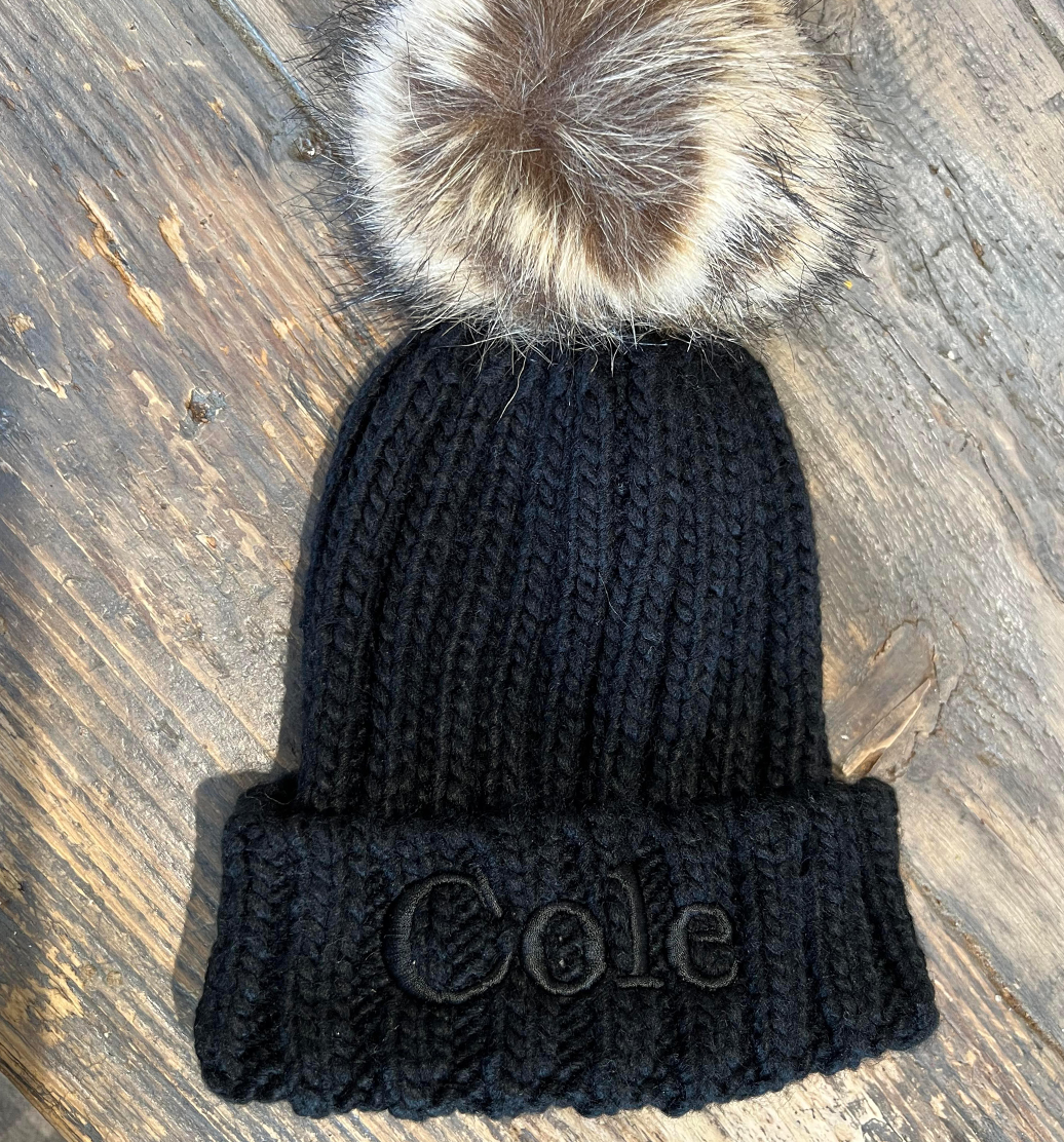 Black Embroidered Beanie Hat - Infants, Junior &amp; Adult sizes