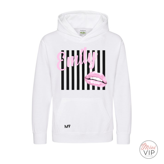 Personalised Black Stripes with Pink Lips Mini VIP White Hoodie