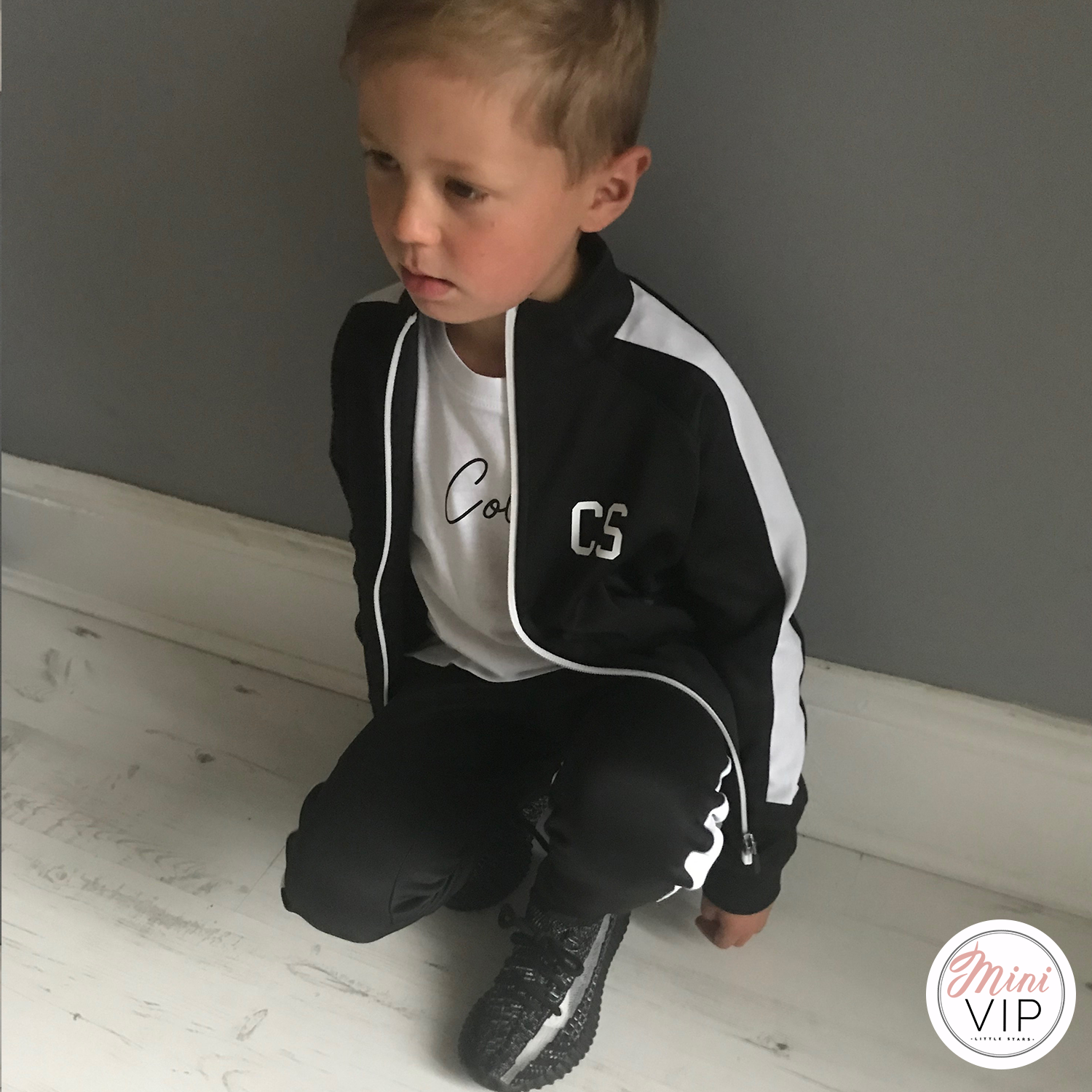Black White Stripe Personalised Initials Tracksuit ShopMiniVIP