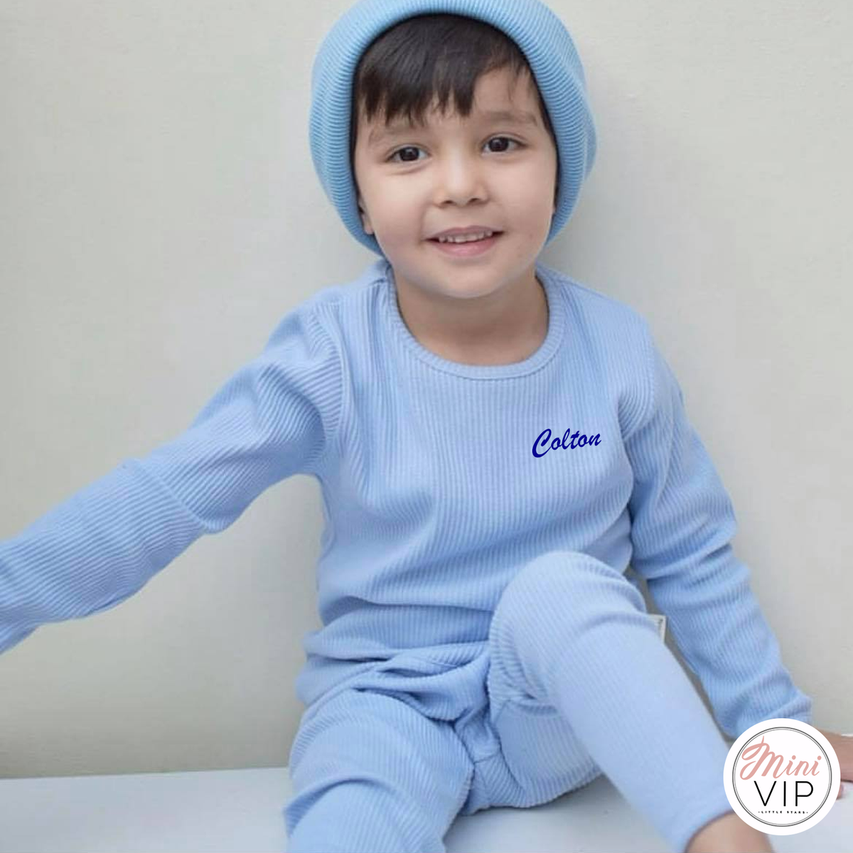 Embroidered Baby Blue Ribbed Loungewear