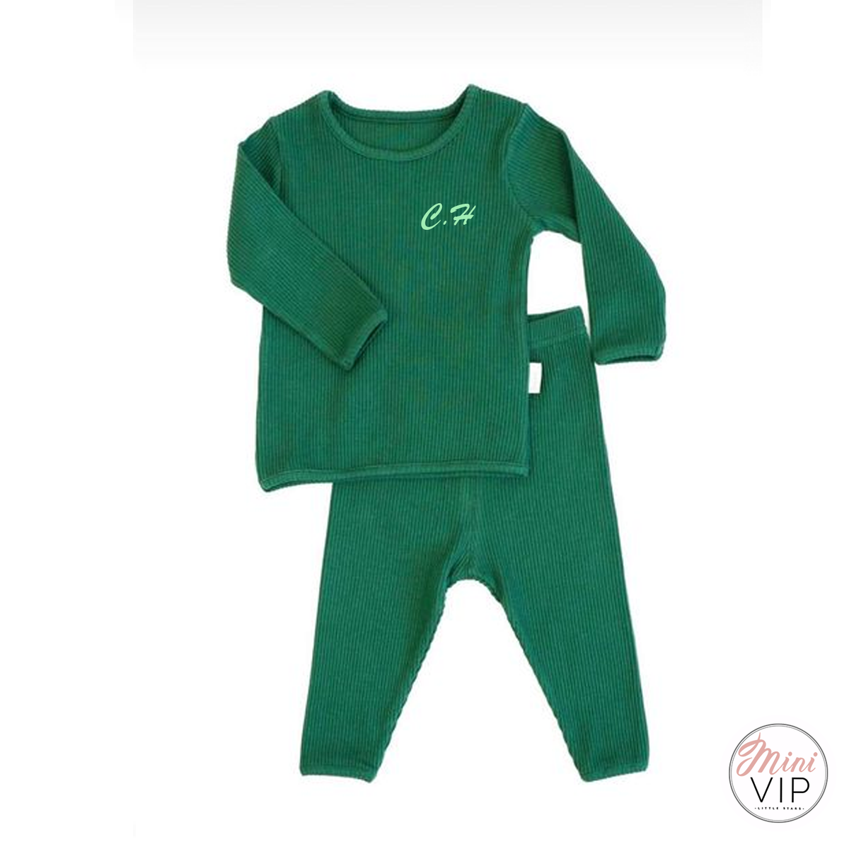 Embroidered Bottle Green Ribbed Loungewear