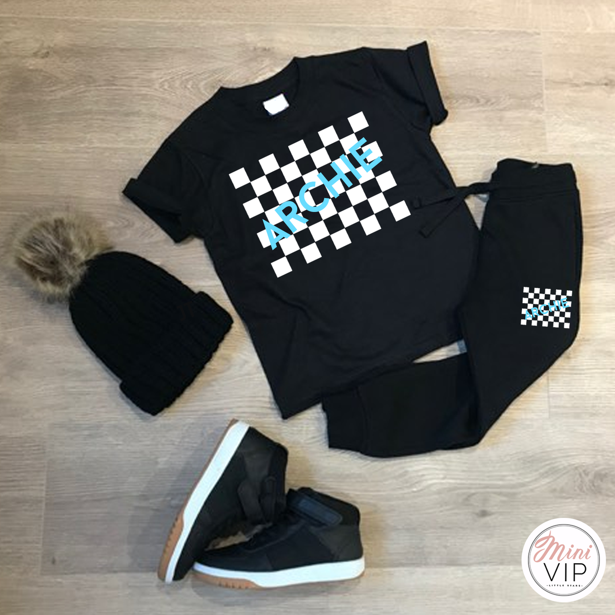 Personalised Checker-board Black Tracksuit Lounge Set- joggers &amp; t-shirt