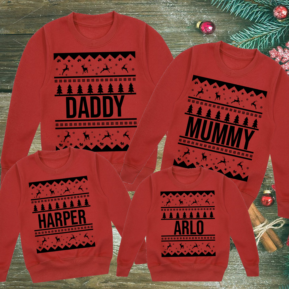 Personalised Red Family Christmas Nordic Print Sweatshirts