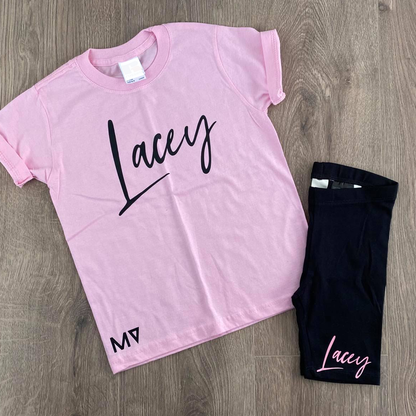 Black Cycling Shorts & Baby Pink T-Shirt Set