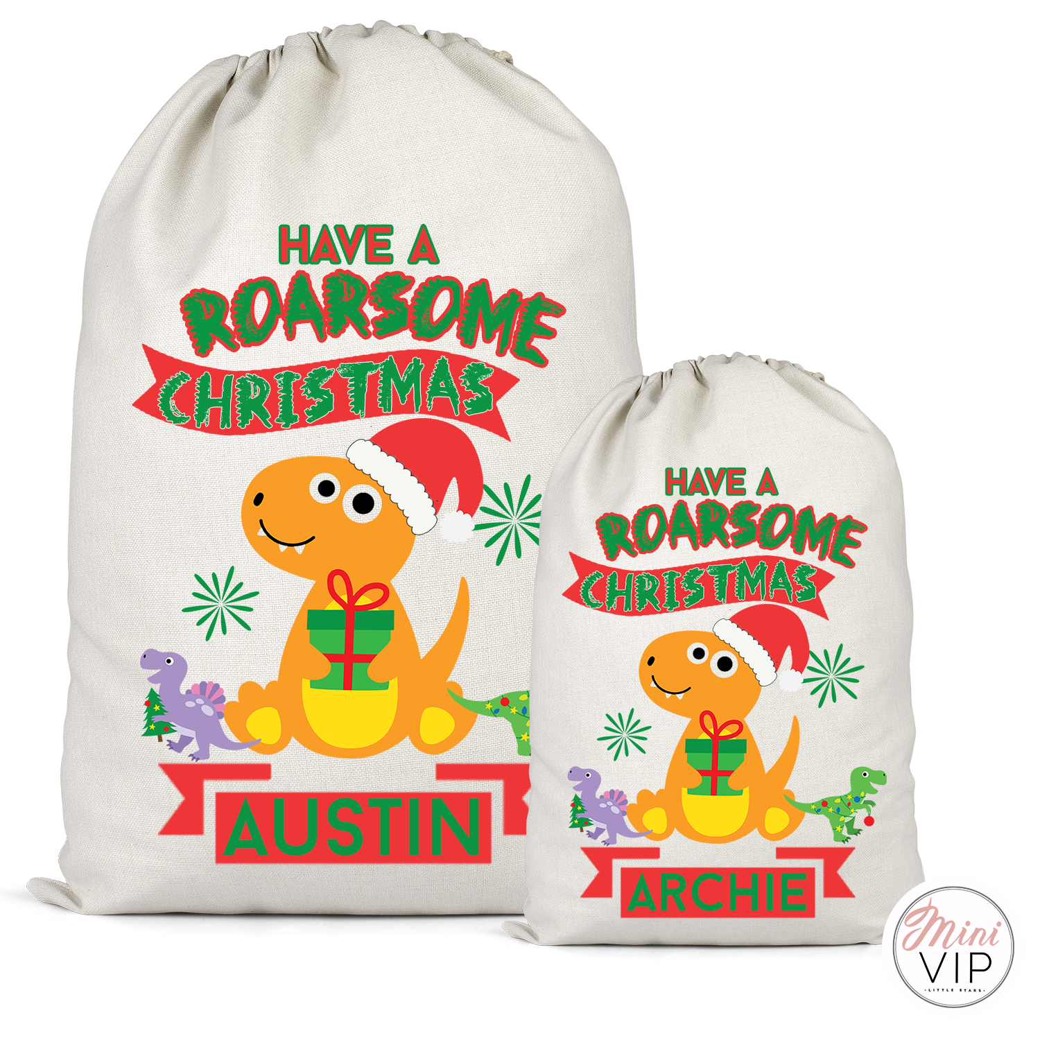 Roarsome Christmas Dinosaur Personalised Cotton Santa Sack