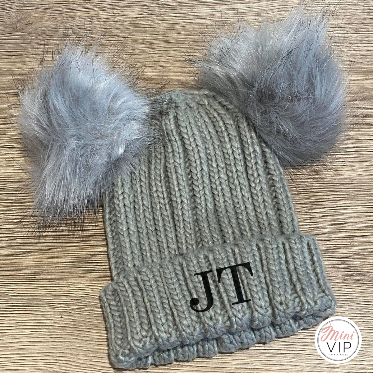 Personalised Double Grey Pom Pom Embroidered Beanie Hat - Infants, Junior &amp; Adult sizes