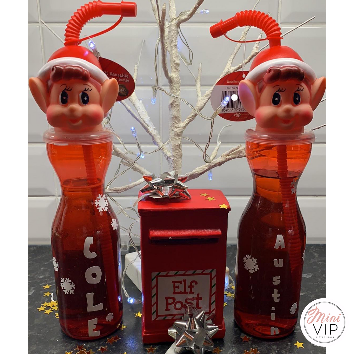 Personalised Elf on the Shelf Christmas Bottle with Straw